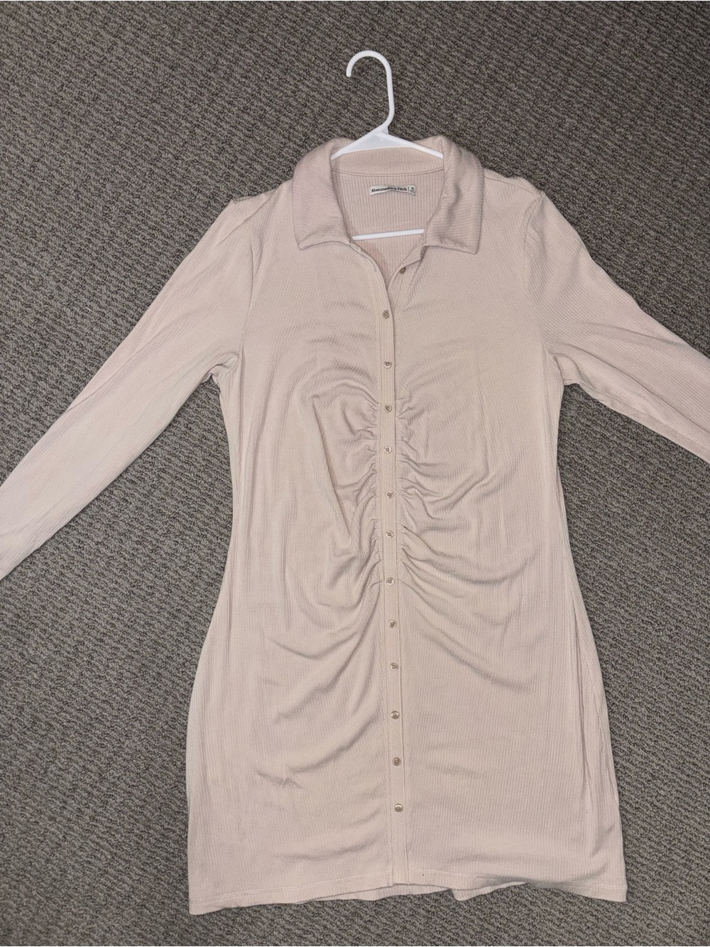 Long Sleeve Ruched Button-Front Dress in Light Beige - Size XL
